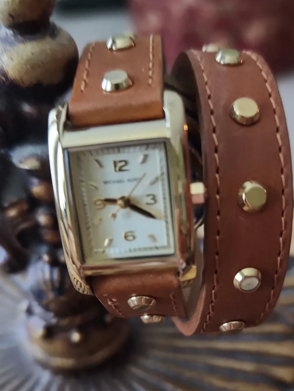Vintage Michael Kors Tan Leather Double-Wrap Watch with Gold Accents